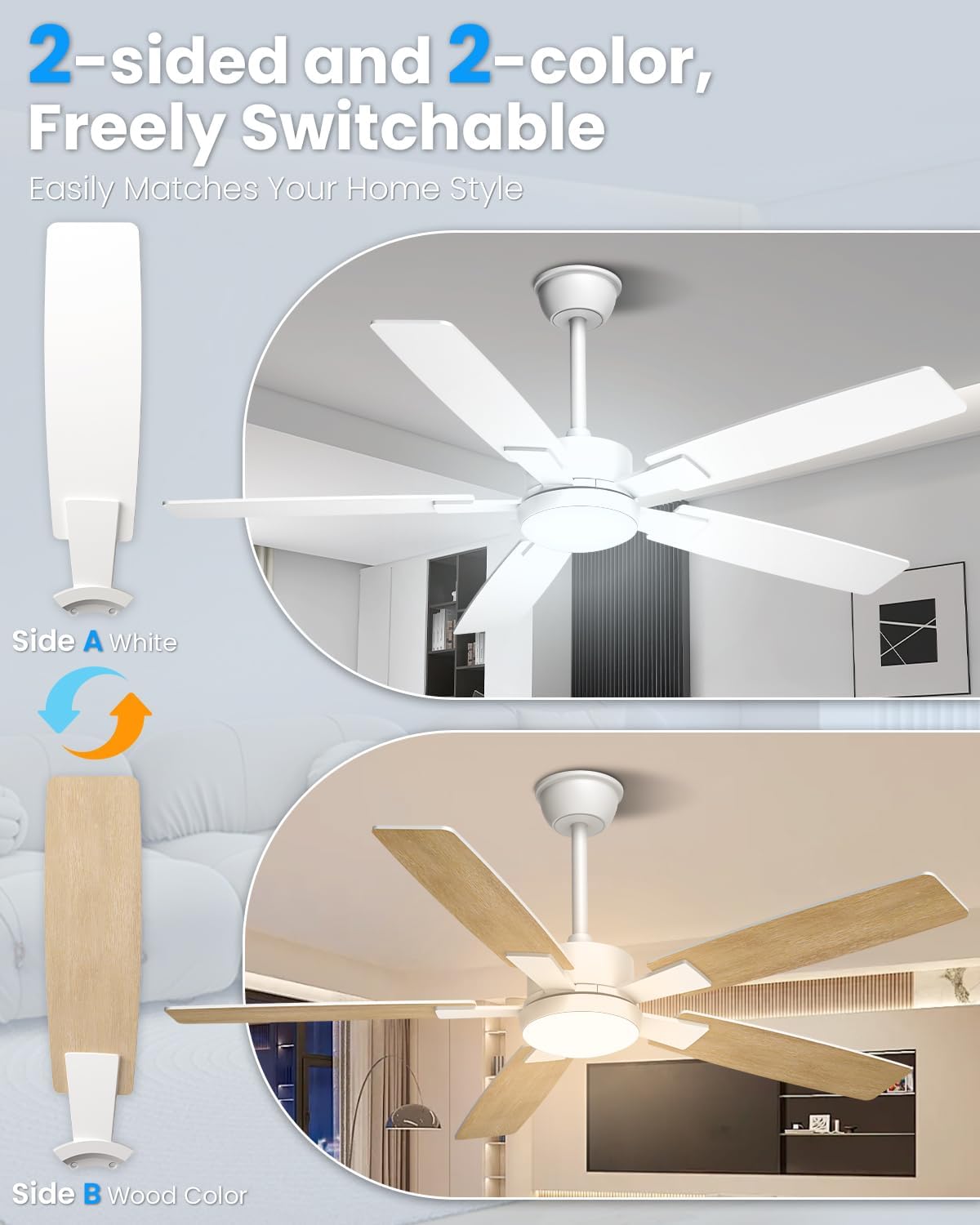 Mefine 2 kleuren draaibare vleugels plafondventilator met verlichting, 132 cm grote plafondventilator met licht en afstandsbediening, stille lamp met ventilator voor woonkamer, slaapkamer, outdoor