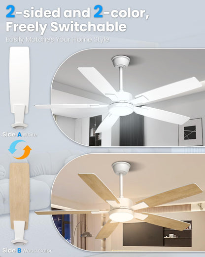 Mefine 2 kleuren draaibare vleugels plafondventilator met verlichting, 132 cm grote plafondventilator met licht en afstandsbediening, stille lamp met ventilator voor woonkamer, slaapkamer, outdoor