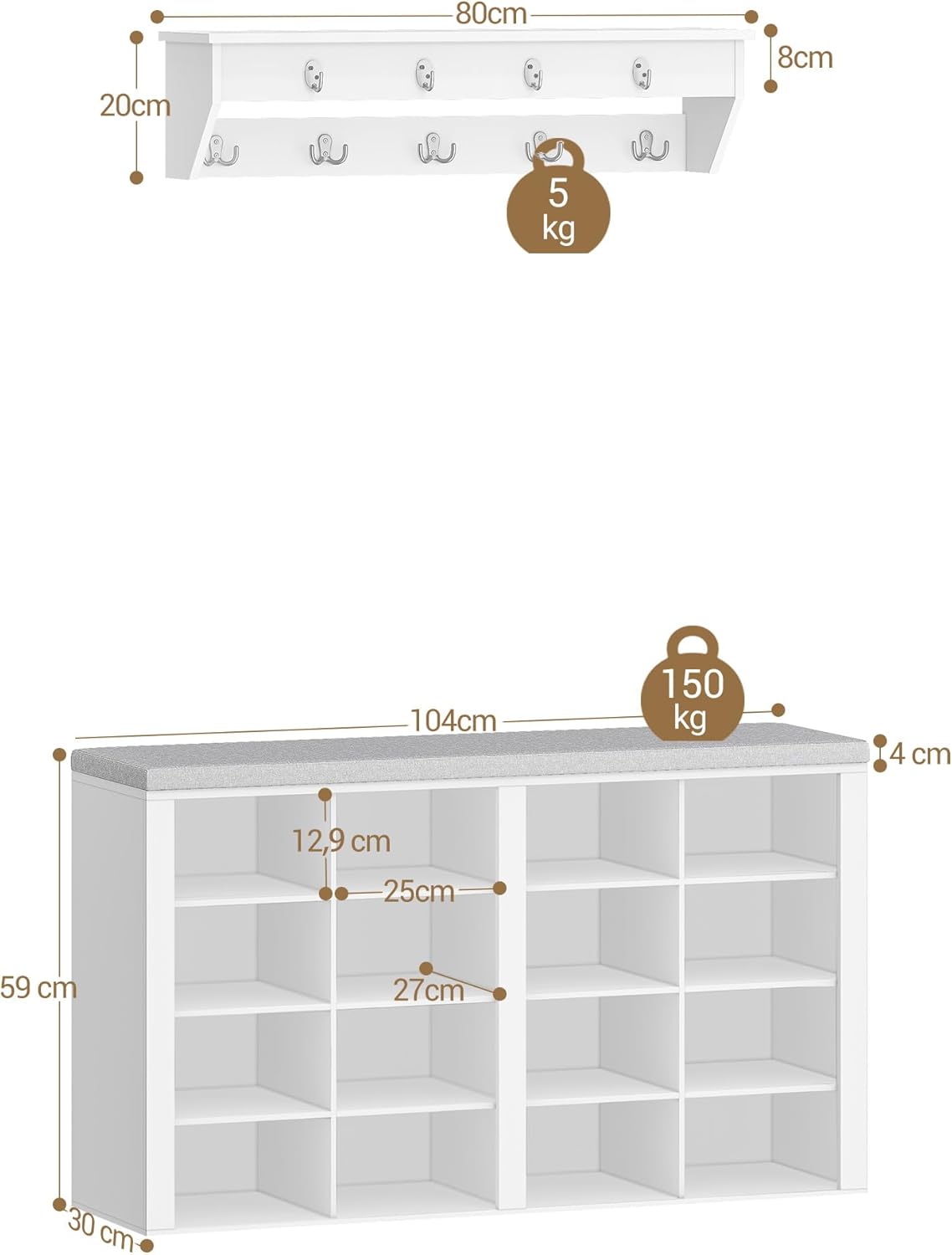 Hzuaneri Wardrobe Shoe Rack Set, Shoe Bench with Cushion, Entrance Bench 30 x 105 x 59 cm, Wall Coat Rack with 9 Hooks Coat Racks with Shelf for Living Room, Bedroom, Entrance, White-Grey, HT56603GY
