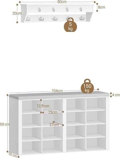 Hzuaneri Wardrobe Shoe Rack Set, Shoe Bench with Cushion, Entrance Bench 30 x 105 x 59 cm, Wall Coat Rack with 9 Hooks Coat Racks with Shelf for Living Room, Bedroom, Entrance, White-Grey, HT56603GY