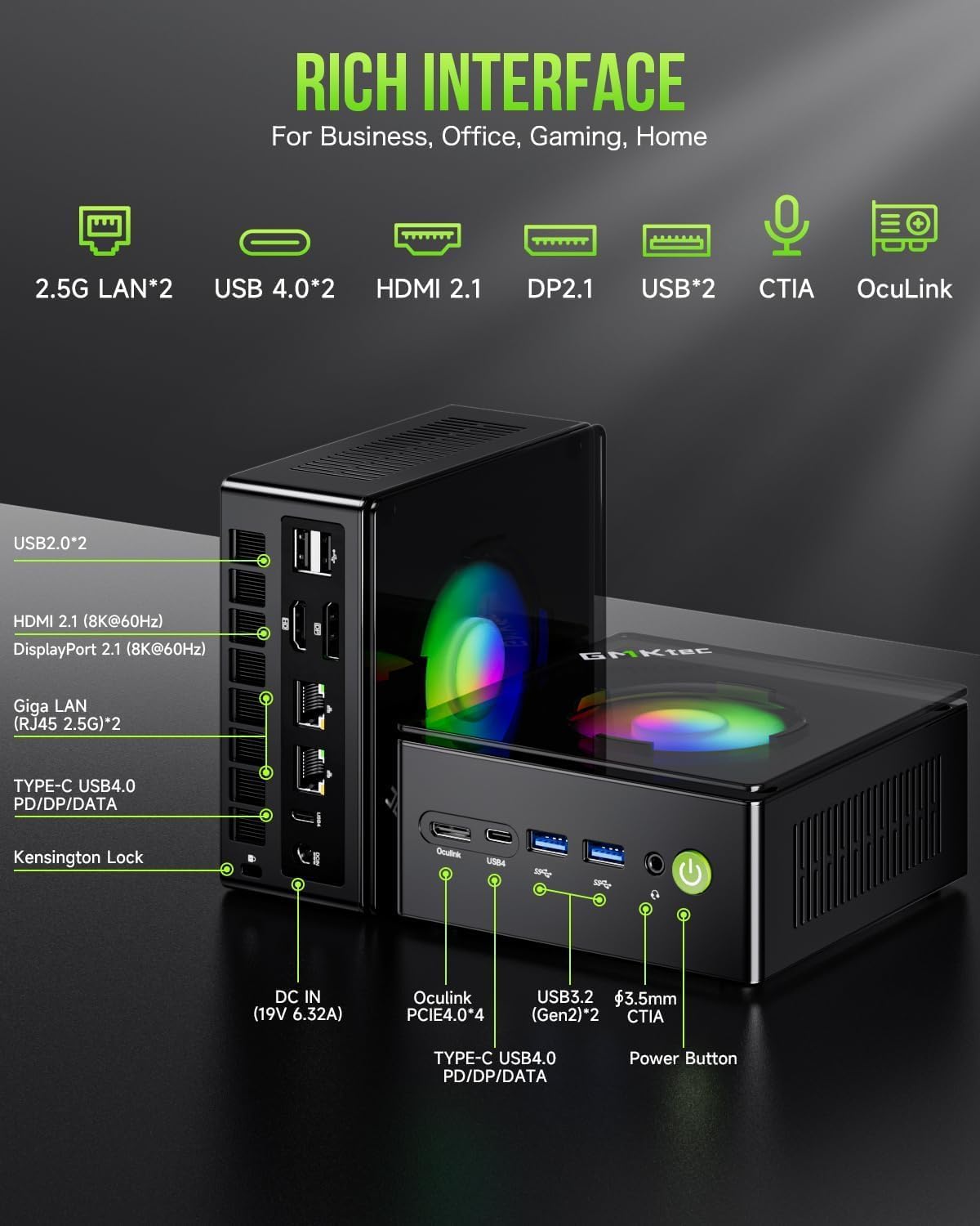 GMKtec K11 Mini Gaming PC Ryzen 9 8945HS 32 GB DDR5 RAM 512 GB SSD (8C/16T, tot 5,2 GHz) Mini Desktop, HDMI/Oculink/DisplayPort/USB4 x 2