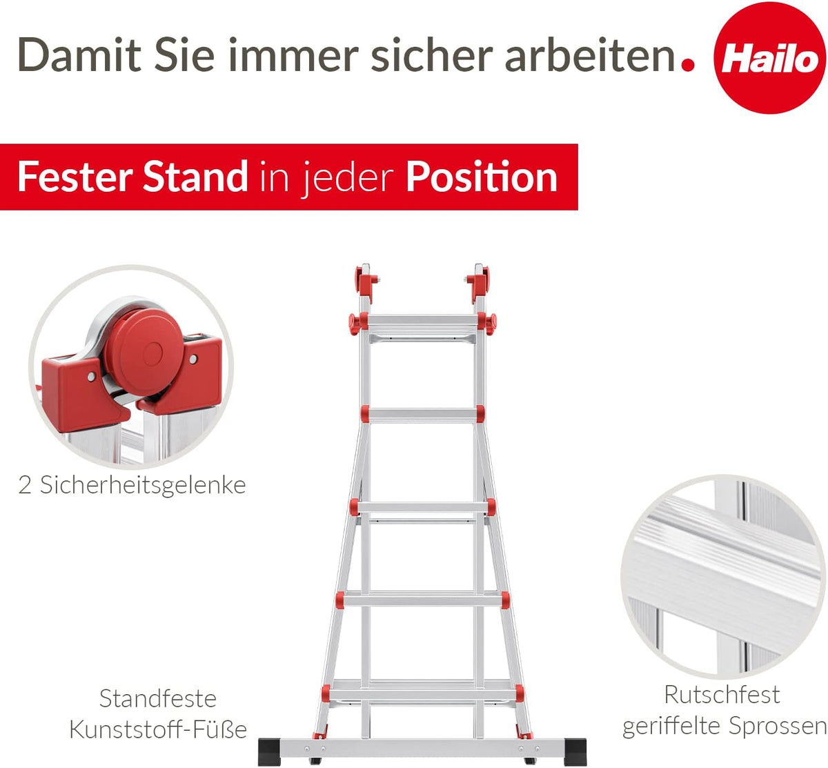 Hailo M80 Multifunctionele aluminium ladder, 4 x 5 sporten, belastbaar tot 150 kg, veiligheidsgewrichten en vergrendelingen, in hoogte verstelbaar, multifunctionele ladder, roestvrij staal, zilver
