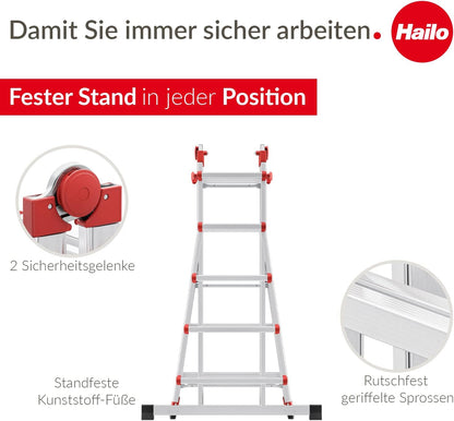 Hailo M80 Multifunctionele aluminium ladder, 4 x 5 sporten, belastbaar tot 150 kg, veiligheidsgewrichten en vergrendelingen, in hoogte verstelbaar, multifunctionele ladder, roestvrij staal, zilver