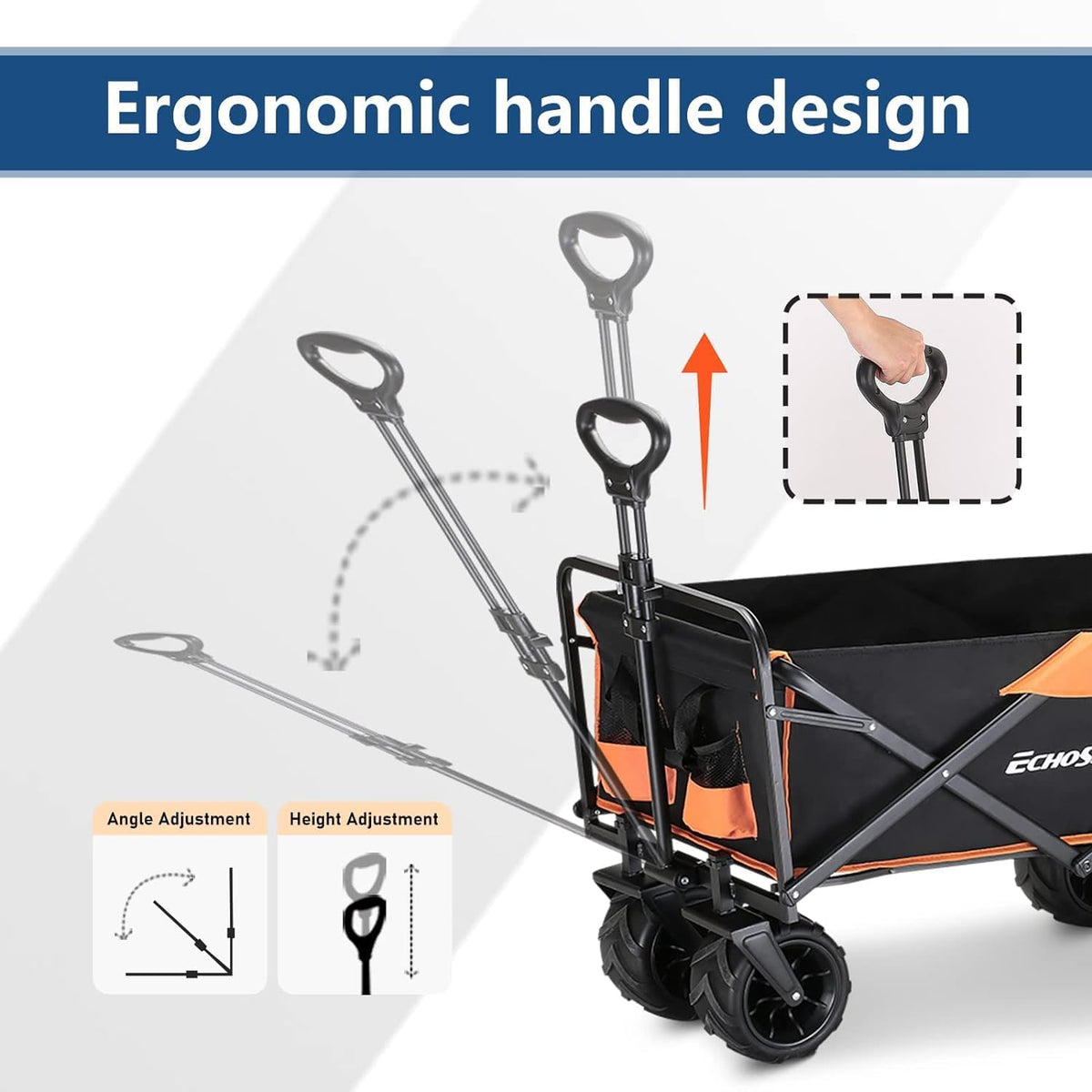 EchoSmile Bolderkar, opvouwbaar, 200 liter, 160 kg belastbaar, handwagen, transportwagen, inklapbaar met verstelbare handgreep en zijzakken, brede wielen, voor alle terrassen, strandwagen, tuinwagen