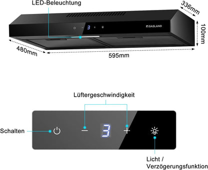 GASLAND Chef SR60BS 60 cm 202 m³/uur Stille Afzuigkap met Touch Control Zwart Stalen Afzuigkap met CF158 Geactiveerd Koolstoffilter