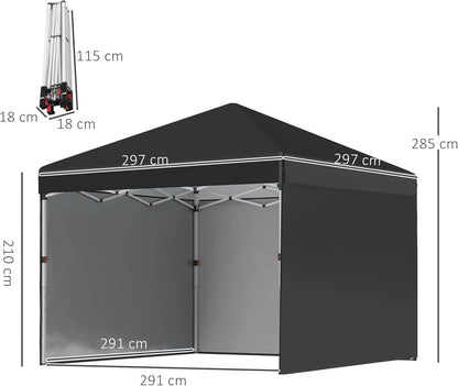 Outsunny 3 x 3 (M) pop-up paviljoen met 3 zijwanden, beengewichtzakken en tas op wielen, in hoogte verstelbare partytent, evenementenonderdak voor tuin, terras, zwart