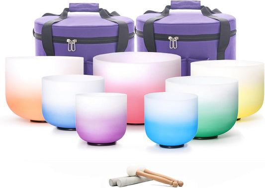 Hye-eun 432hz kleurverloop kristal klankschalen set 7 chakra's 7-12 inch Crystal Singing Bowl, meditatieset voor yoga, energiegenezing, diepteontspanning (incl. houten stokken, draagtassen)