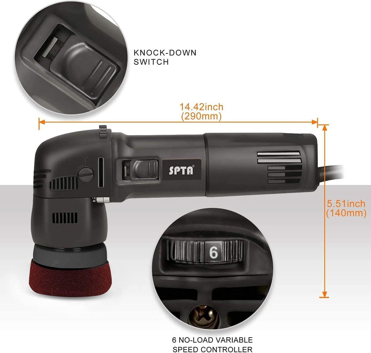 SPTA Buffer Polijstmachine, 3 Inch 10mm/780W Variabele Snelheid Orbitale Dual Action Auto Detailing Tool Met DA Polijsten Pads, Schuurschijven, Pad Conditioning Borstel, Scratch Remover