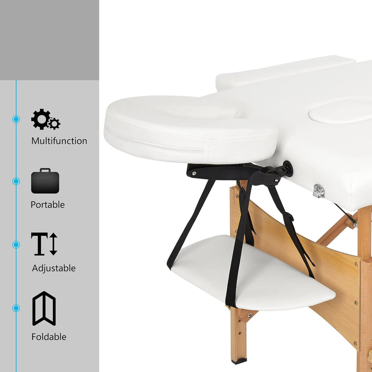 Meerveil Massagetafel, inklapbaar, 2 secties, inklapbaar, van PU en hout, met afneembare hoofdsteun, met transporttas en accessoires (wit), 198 x 60 x 81 cm