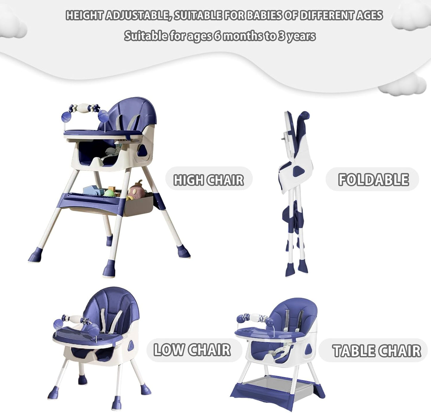 Opvouwbare Kinderstoel - Met Grote Antislipmat en Speelgoedrek - 6 Maanden en Ouder - Donkerblauw