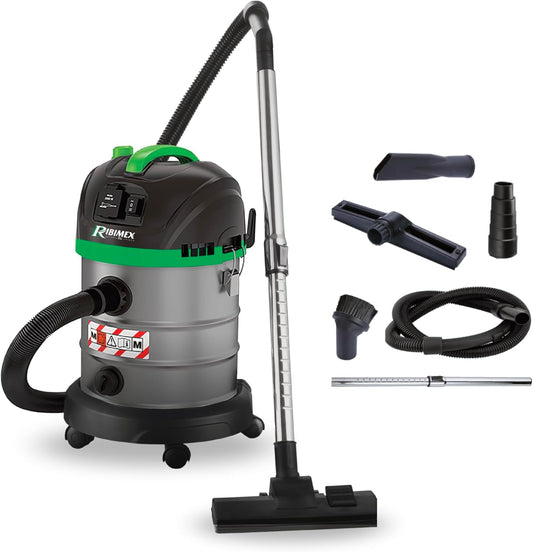 Ribimex PRASP20M Stofzuiger voor vaste en vloeibare vloeistoffen Aspirix serie Pro klasse M, professionele alleszuiger, 20 l, 1400 W, stopcontact voor elektrisch gereedschap en blaasfunctie, inclusief