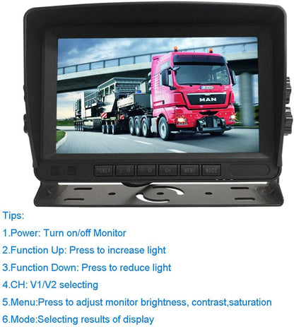 12 V-24 V 4-pins auto-achteruitrijcamerasysteem voor campers Bus Aanhangwagen Vrachtwagen Vrachtwagen Caravan, 7 "TFT LCD HD-kleurenautomonitor met 2 18-leds Nachtzicht Waterdichte achteruitrijcamera