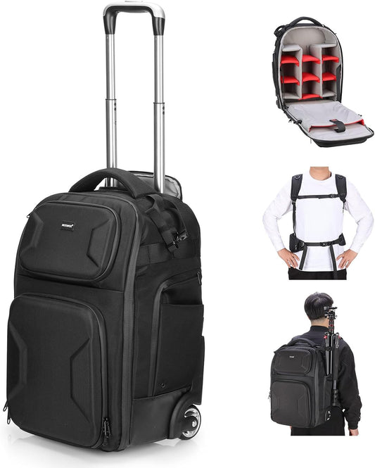 Neewer PB027 2-in-1 fototas met wieltjes, afneembare schokbescherming, intrekbare handgreep, regenbescherming, robuuste rugzak, flitsstatief, laptoplens, zwart, PB027