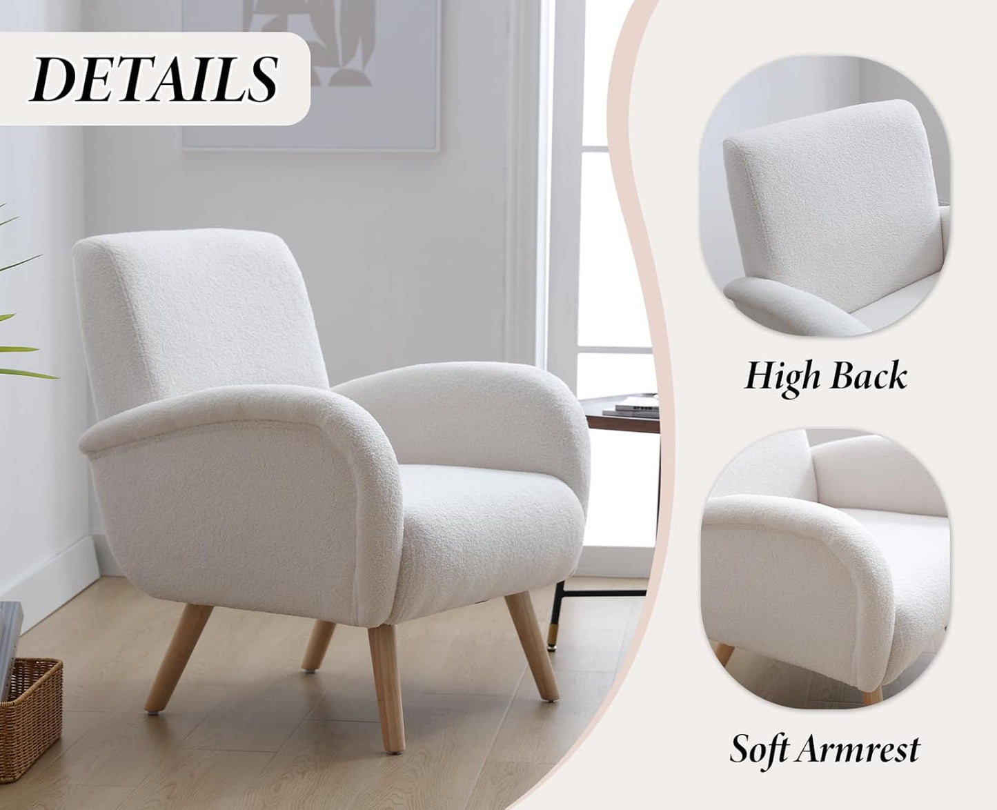 Armchair Upholstered Chair Modern Fur Chair with Wooden Legs Upholstered Chairs for Bedroom/Living Room White