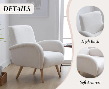 Armchair Upholstered Chair Modern Fur Chair with Wooden Legs Upholstered Chairs for Bedroom/Living Room White