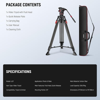 NEEWER 78 inch videocamera statief koolstofvezel met demping verstelbare vloeistofkop, één stap snelontgrendeling, QR-plaat/handgreep/reinigingsdoek, zwaar belastbare statiefstandaard voor