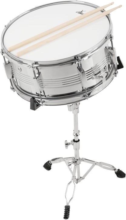 Snare Drum Starterset – Snaredrum – Drumstel Starterset – Oefenset – Percussieset – 14 x 6,5 Inch Metalen Snare – 14 Inch Oefenpad