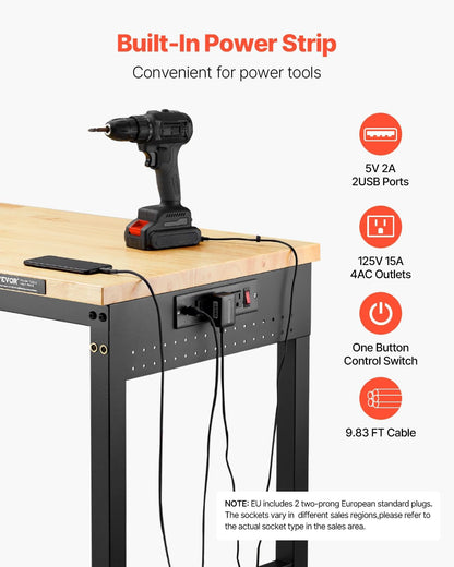VEVOR 60 Inch Adjustable Workbench, 900 kg Load, Workbench with Socket, Wheels and Pegboard, Heavy Duty Oak Work Table for Garage, Workshop, Office and Home