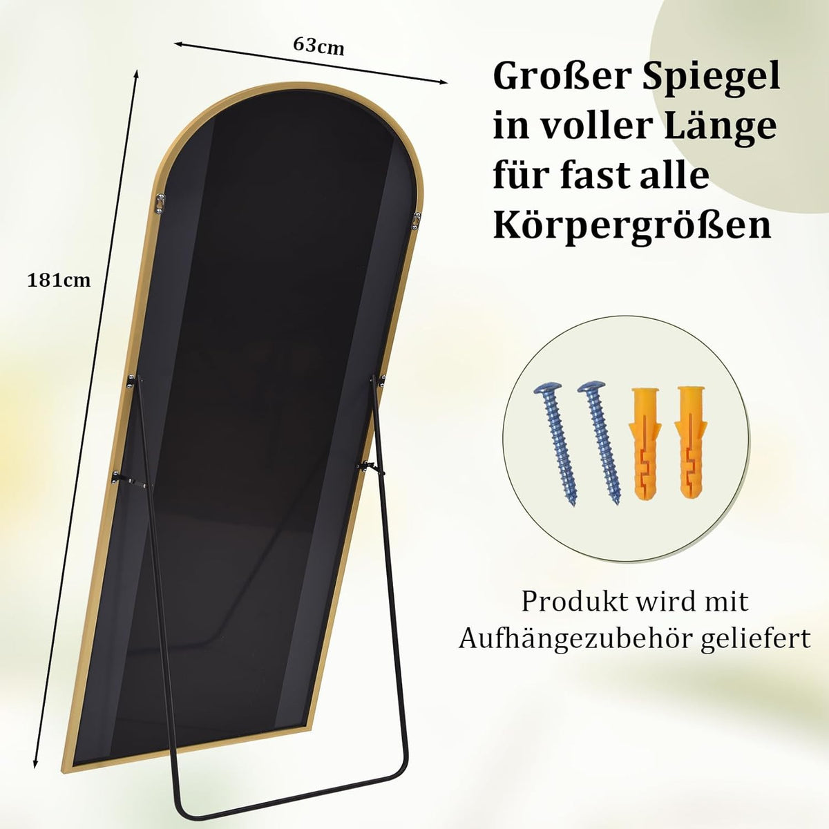 Grote Boogspiegel – Volledige Lengte Spiegel – Staande Spiegel – Wandspiegel – Vloerspiegel – Goud Kleur – 181 x 63 cm – Veiligheidsglas Met HD Reflectie