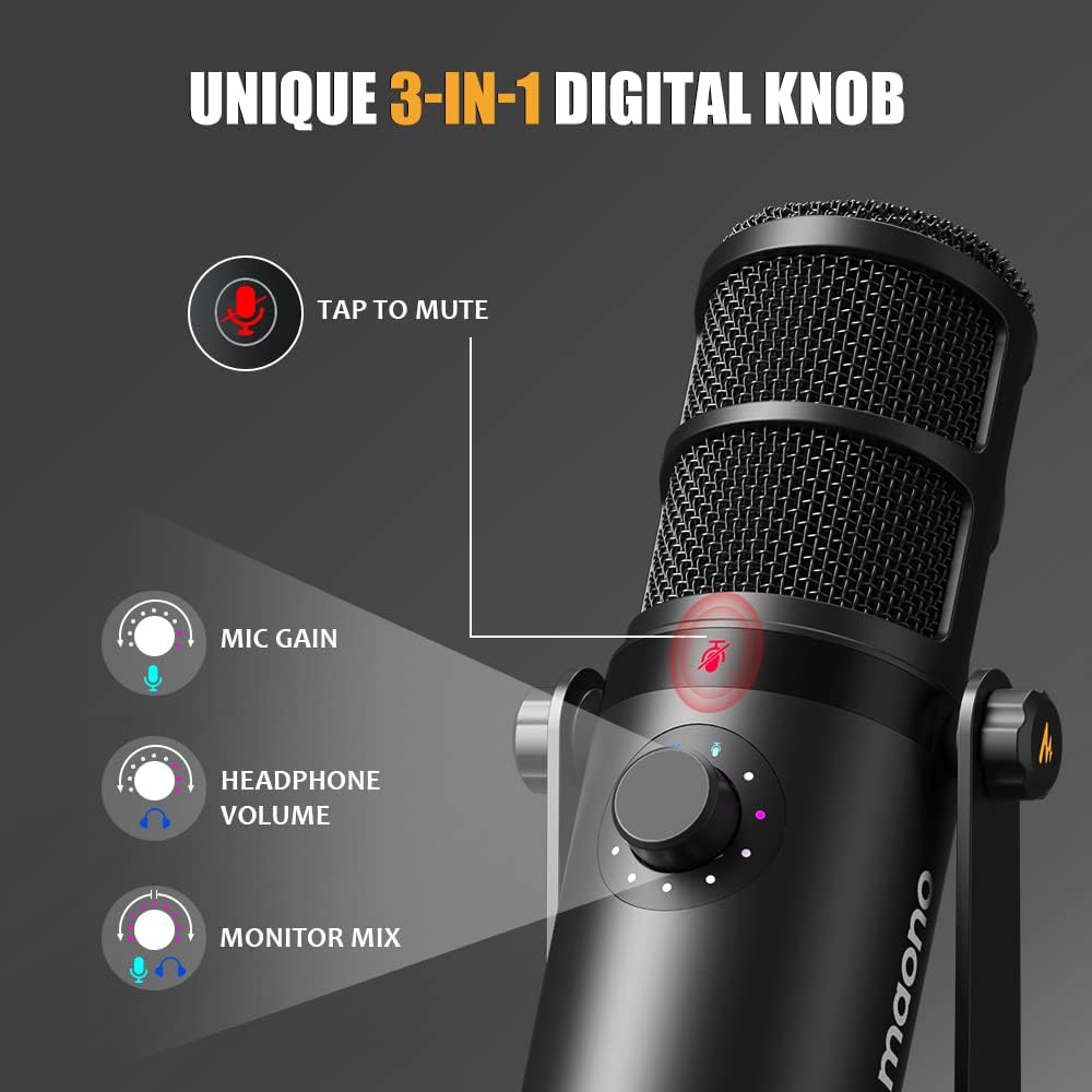 Dynamische microfoon – Podcastmicrofoon, Studiomicrofoon, Streamingmicrofoon, Gamingmicrofoon – USB en XLR aansluiting – Cardioïde opname, tap to mute en 3 in 1 bediening