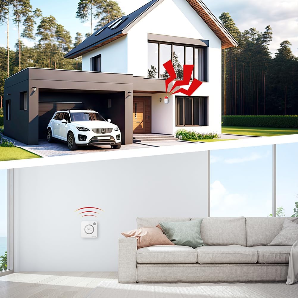 ALIBELL Persoonlijk alarm 120 dB sirene, noodsituatie, veiligheidssysteem voor huis/bedrijf/fabriek, 4 noodoproepknoppen + 2 sirene (werkt op batterijen en Plug-in Netstroomvoorziening)