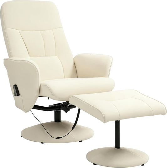 HOMCOM Relax Chair with Footstool, Electric Massage Chair with Reclining Function, 10 Massage Points, Swivel TV Chair with Side Pocket, Remote Control, Faux Leather, Cream White - QUORE