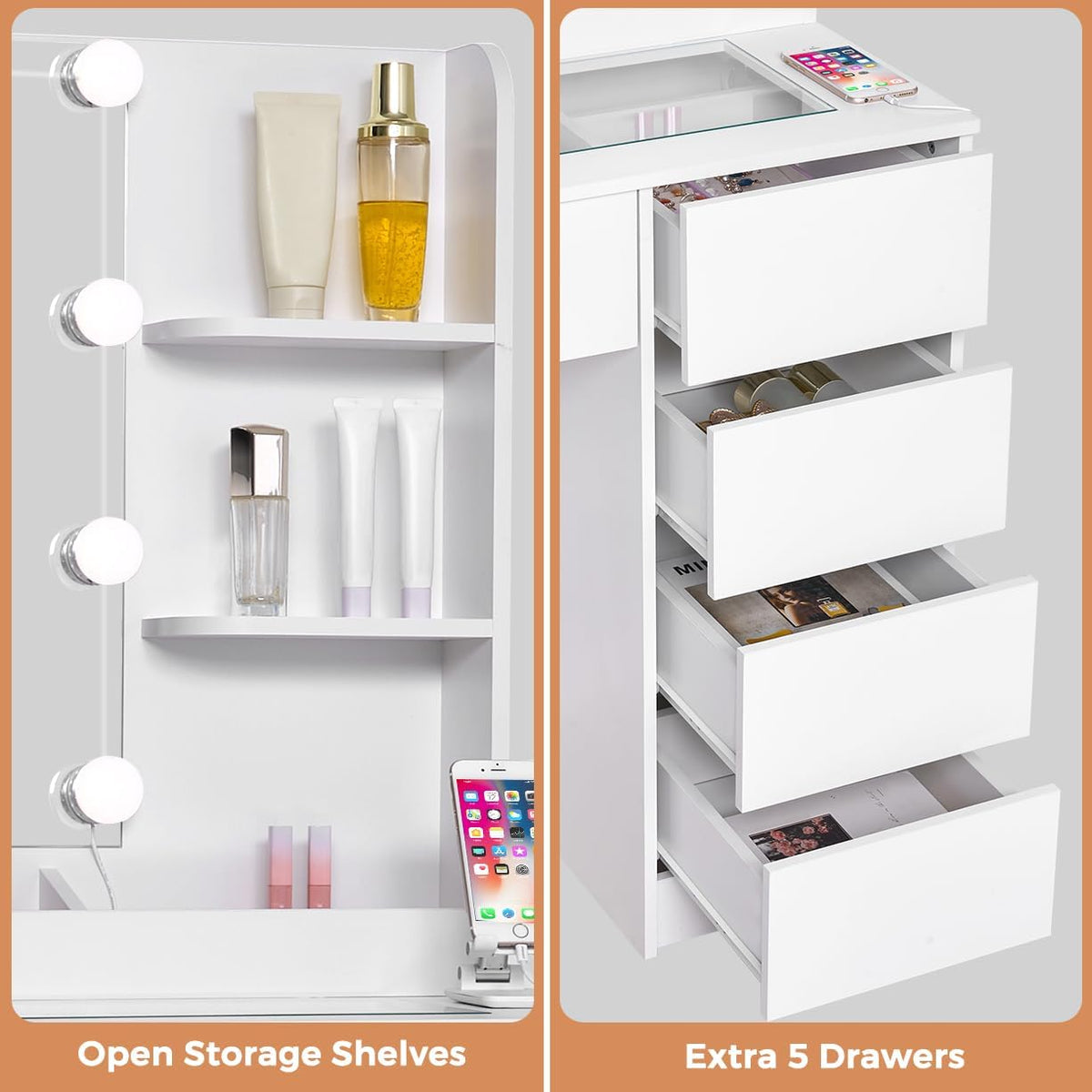 ANWBROAD Makeup Table with LED Lighting and Stool, Dressing Table with Sockets and Large Mirror, Dressing Table with 5 Drawers, Open Shelves, Modern, White BDT74W - QUORE