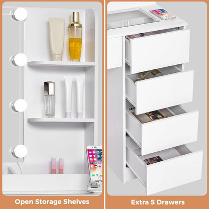 ANWBROAD Makeup Table with LED Lighting and Stool, Dressing Table with Sockets and Large Mirror, Dressing Table with 5 Drawers, Open Shelves, Modern, White BDT74W - QUORE