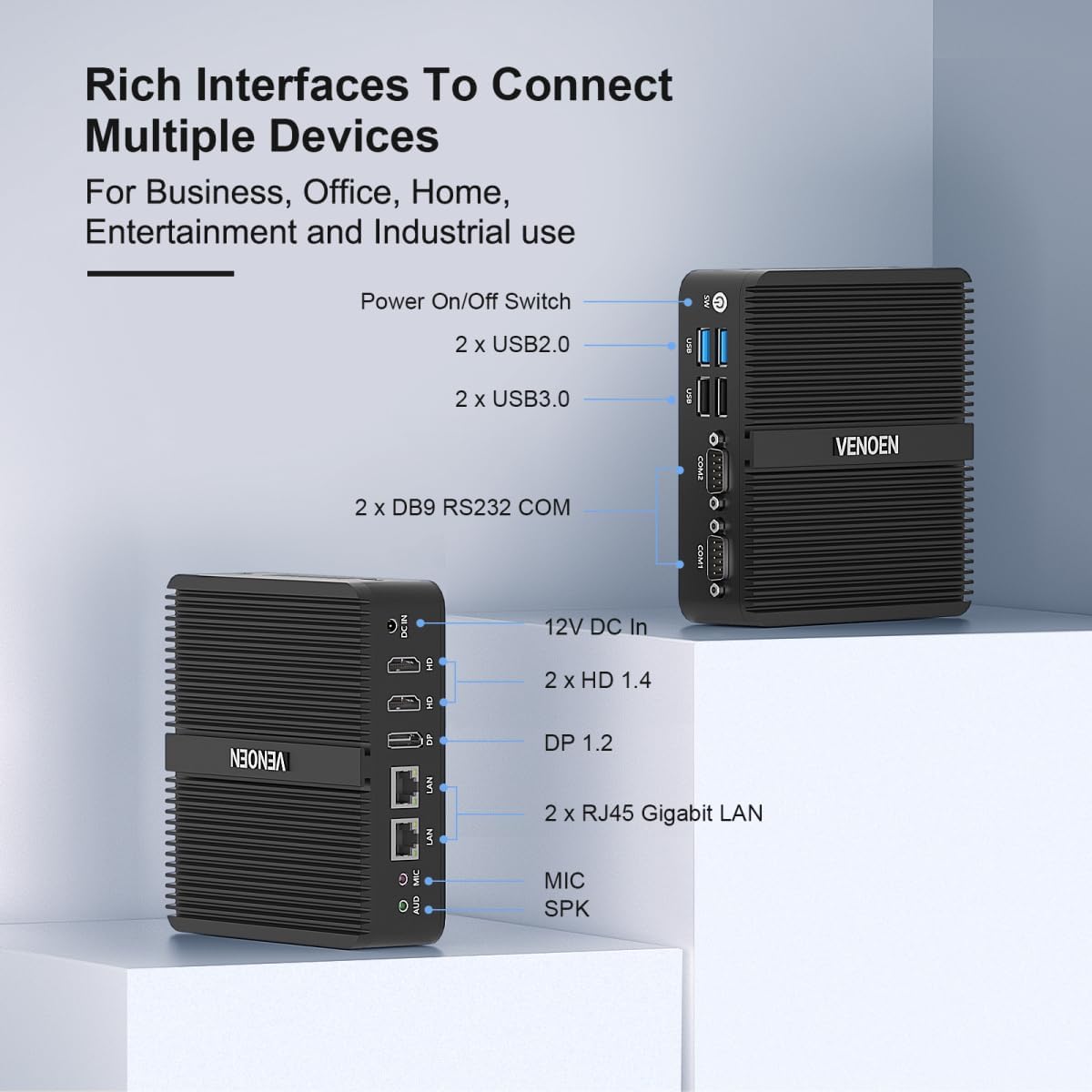 Fanless Mini PC WIN11 pro J6412, Linux Indsutrial PC 4K Mini Computer, 2x HD + 1x DP Triple Display, 2x RJ45 Lan, 2x RS232 COM, WiFi, BT 4.2, 12V Office Desktop PC, 8GB DDR4 256GB M.2 SSD - QUORE