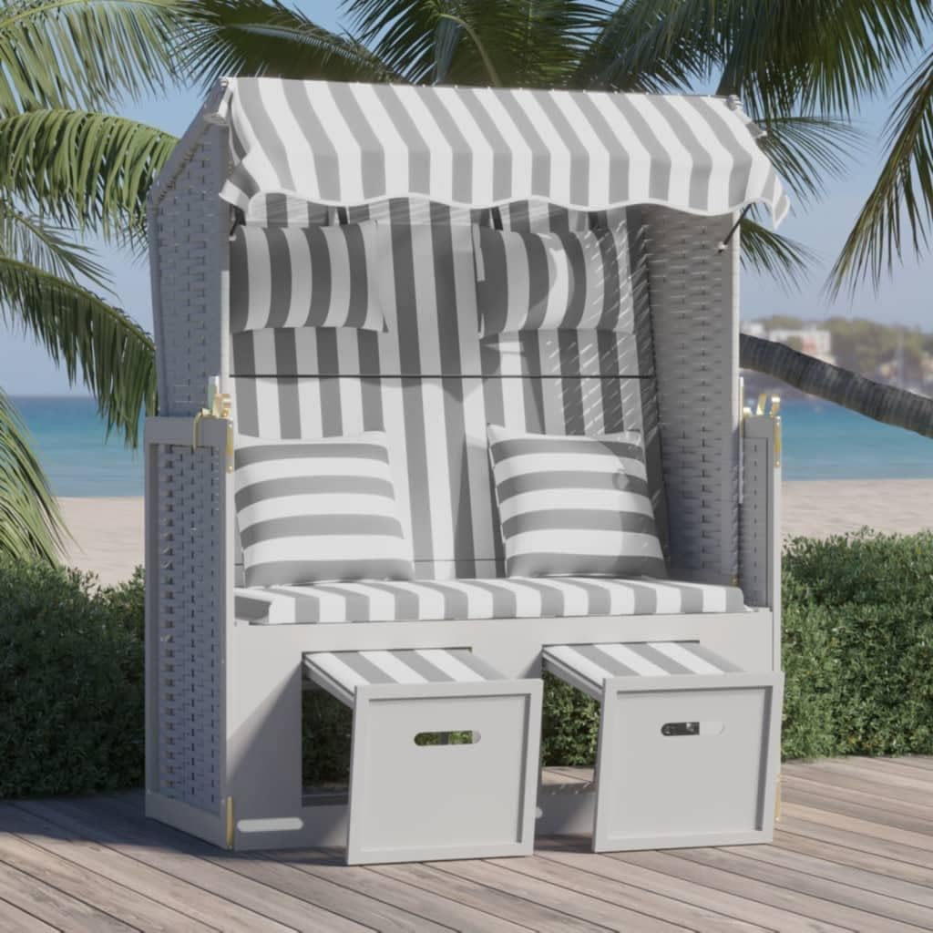 vidaXL Beach Chair with Cushions Poly Rattan and Solid Wood Grey White, Beach Corb, Beach Sofa, Lounger, Seating Chair, Beach Furniture, Beach Corbs, Seating Chairs - QUORE