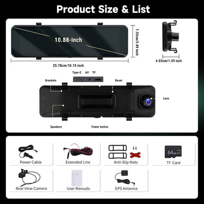 Spiegel-Dashcam – Achteruitkijkspiegel Dashcam, Spiegel Dashcam, Autocamera, Achteruitrijcamera – 10,88 Inch Touchscreen – 4K Voorcamera + 1080p Achtercamera