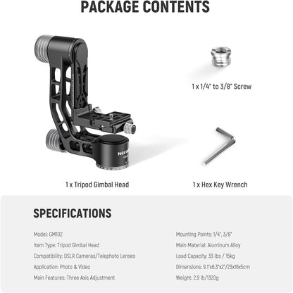 NEEWER GM102 Gimbalkop voor statief, monopod, telelens, 360° panorama-camera-statiefkop, 3-assige instelling, hoogwaardige CNC-aluminiumlegering, Arca-type snelspansysteem, maximaal 15 kg