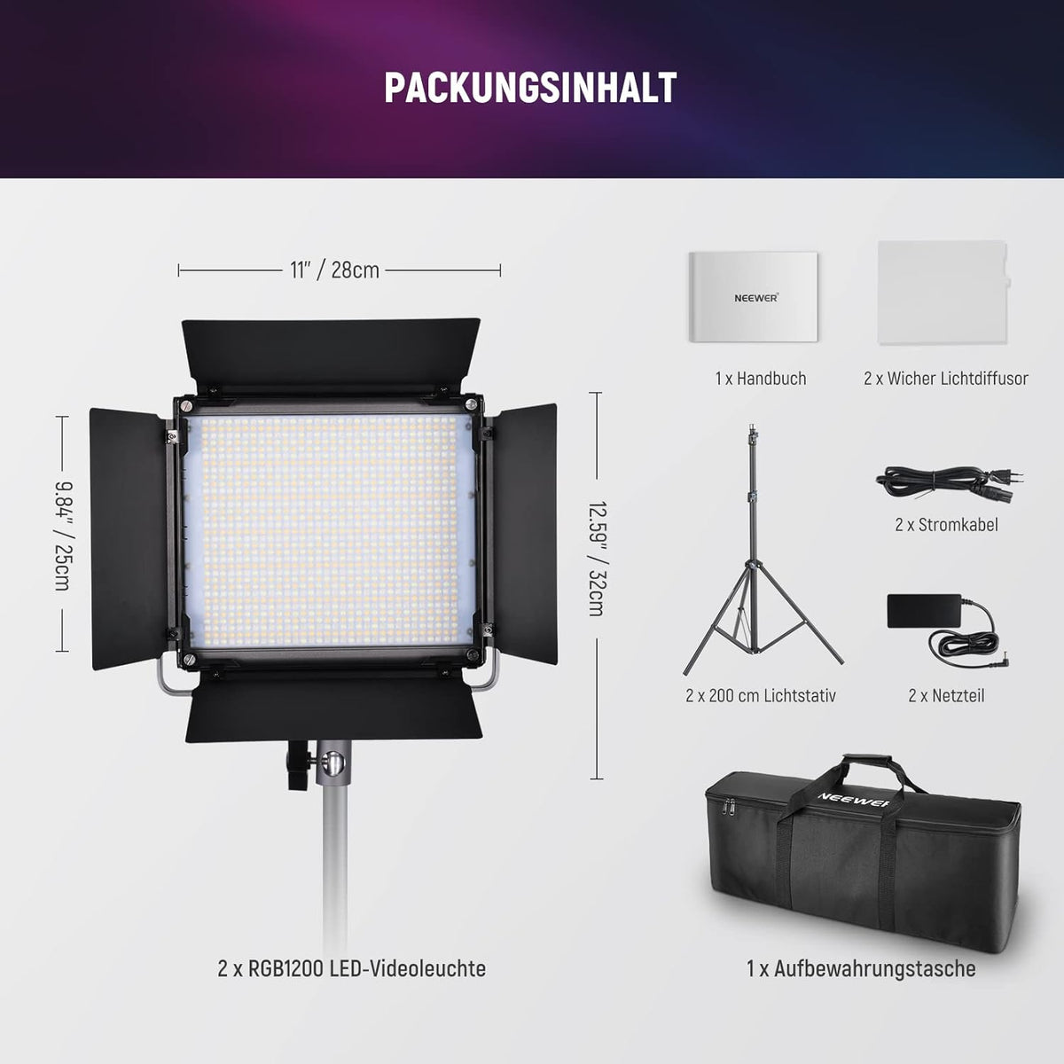 RGB Videolamp Set van 2 – Videolicht – Studiolicht – Fotolicht – Continu Licht – 2x60W, 22.000 Lux @ 0,5 m – 1% Nauwkeurig Dimmen, 360° RGB, 2500K-8500K, CRI97+/TLCI98+