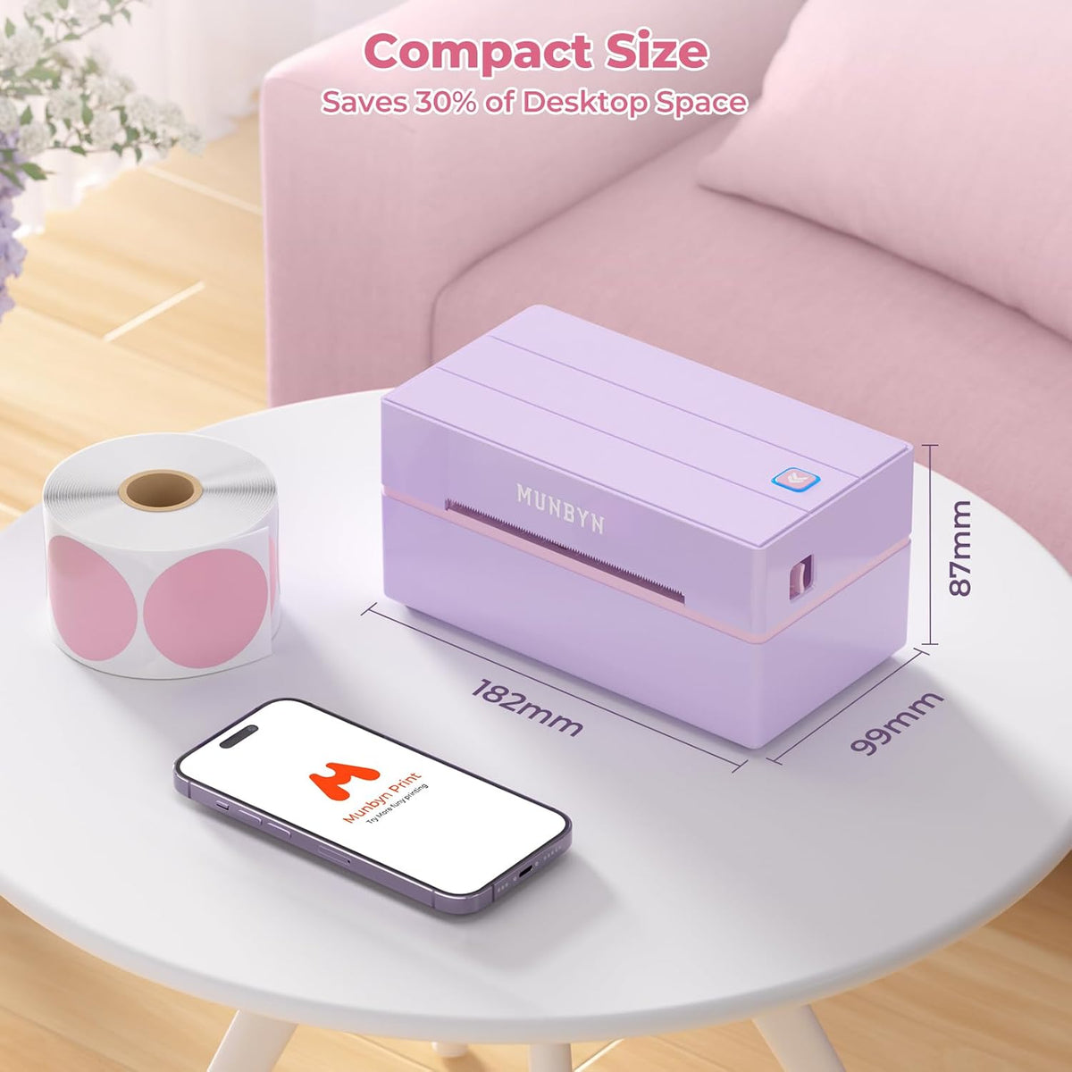 MUNBYN Labelprinter Bluetooth 4x6, Thermische Labelprinter, Ideaal voor kleine bedrijven en thuisgebruik, Compatibel met iOS, Android, Windows, Chromebook, DHL en UPS, Paars
