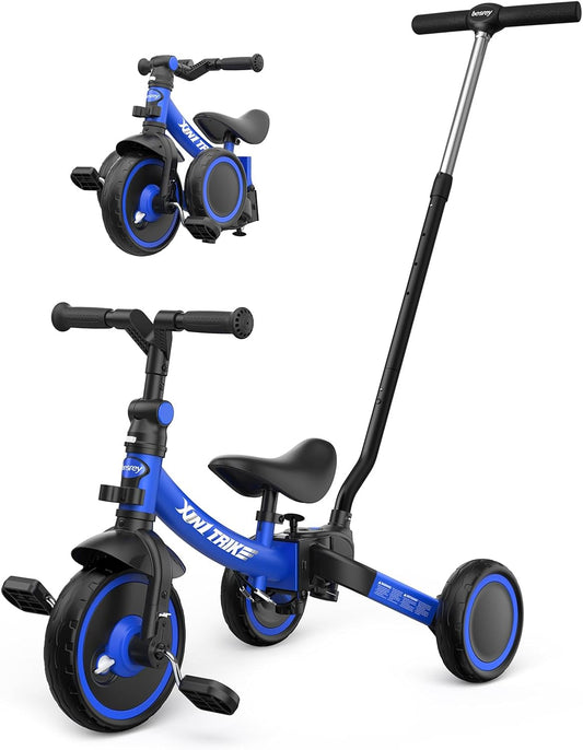 besrey Driewieler voor kinderen, 7-in-1 met duwgreep, voor ouders in 5 hoogtes voor 1-5 jaar, opvouwbare kinderdriewieler, kinderfiets met wielkoppeling, grotere wielen, blauw