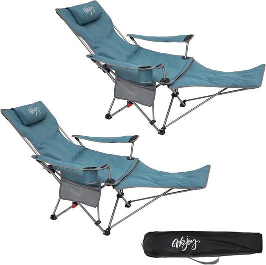 #WEJOY 2-in-1 campingstoel, opvouwbaar met voetensteun, gevoerde ligstoel met verstelbare rugleuning, relaxstoel, ligstoel met bekerhouder, ligstoel voor outdoor, camping, cyaan, set van 2