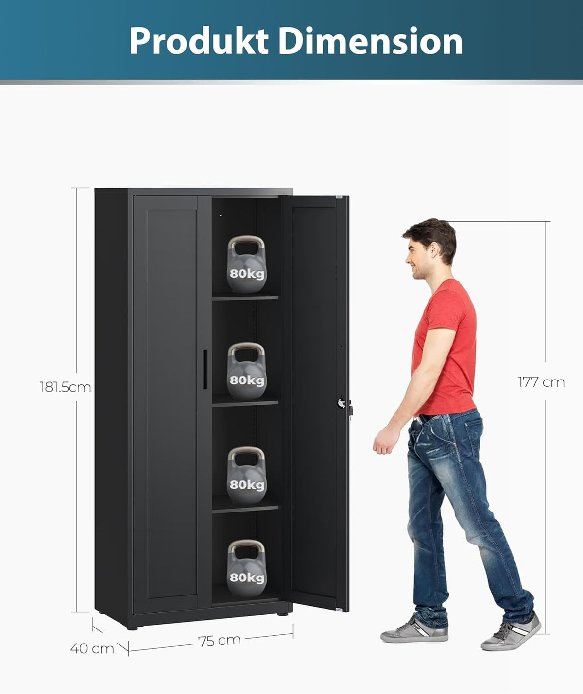Dossierkast, afsluitbare garagekast, 3 niveaus, bureaukast, werkplaatskast met verstelbare planken, voor kantoor, garage en bijkeuken, 40 x 75 x 181,5 cm, zwart