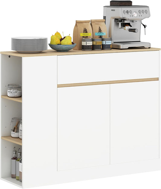 HOMCOM Sideboard, Kitchen Cabinet with Drawer, 3-Tier Shelf, Storage Cabinet with Tilt Protection, Living Room Cabinet for Kitchen, White, 110 x 29.5 x 82 cm - QUORE