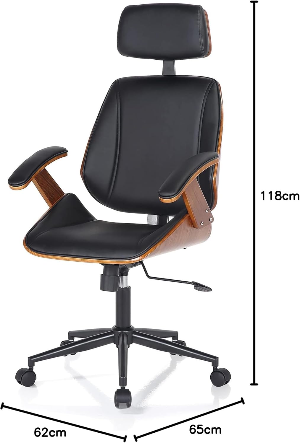 Bureaustoel Michigan High Dark Wood, kunstleer, zwart, eiken, H.118/128 x L.62 x T.65