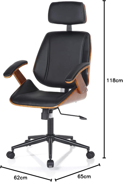 Bureaustoel Michigan High Dark Wood, kunstleer, zwart, eiken, H.118/128 x L.62 x T.65