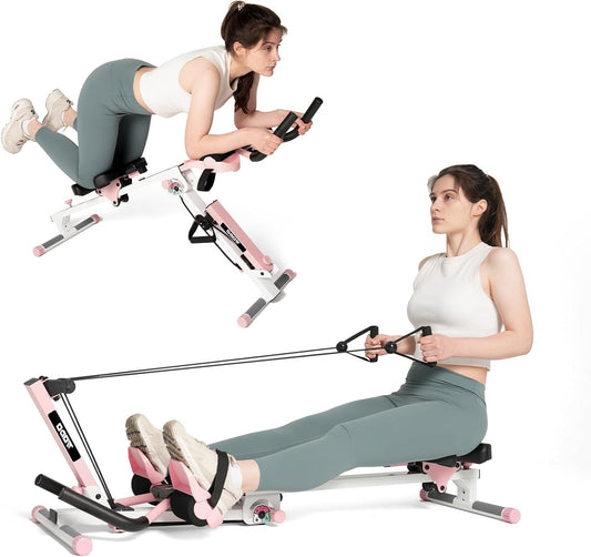 3-in-1 Roeitrainer – Roeimachine – Home Gym Apparatuur – Fitness Trainer – Abdominal Trainer – Verstelbare Weerstand – Inklapbaar & LCD-Display – Roze - QUORE