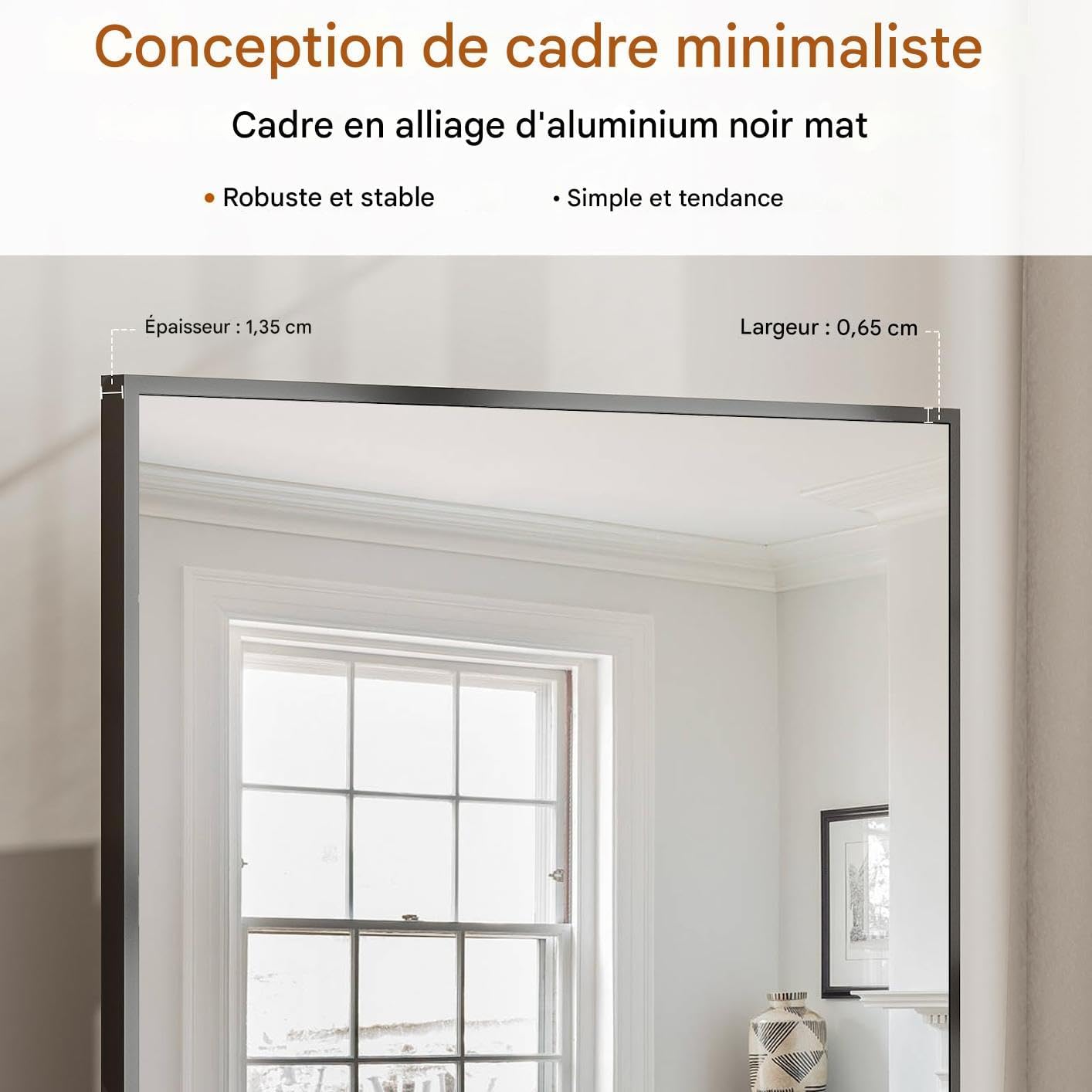 Koonmi 89 x 198 cm grote staande spiegel, robuuste full-body spiegel met minimalistisch smal aluminium frame, moderne grote wandspiegel, staand of hangend voor woonkamer en slaapkamer, zwart