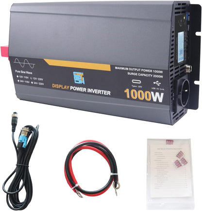1000W pure sine wave inverter, 12V to 230V, auto-converter, grid-independent solar inverter with LCD display, 1 type C, 1 USB port, remote control,