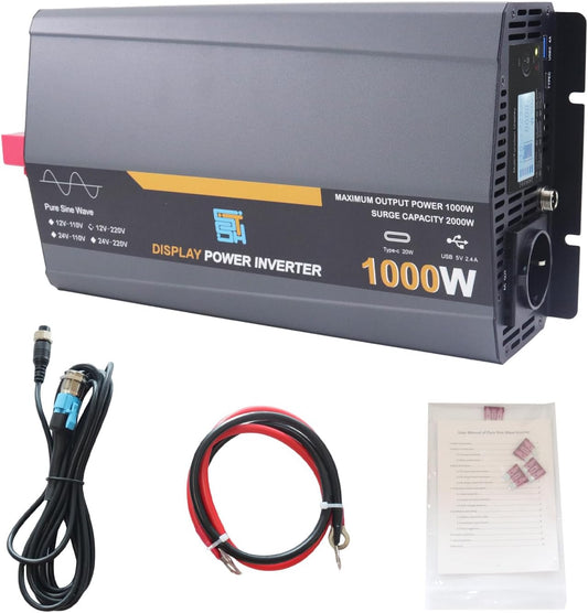 1000W pure sine wave inverter, 12V to 230V, auto-converter, grid-independent solar inverter with LCD display, 1 type C, 1 USB port, remote control,