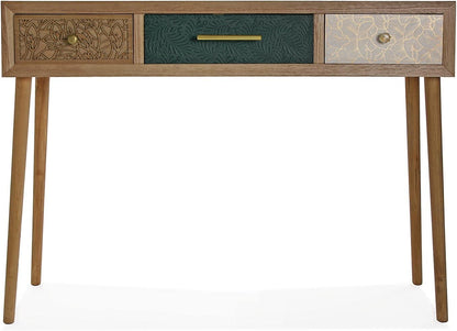 Versa Bridge Smalle hal of vestibule Entree hal meubilair, Console Tafel, met 3 lades, Afmetingen (H x B x H) 77 x 30 x 107 cm, Hout, Kleur Wit, Groen en Bruin