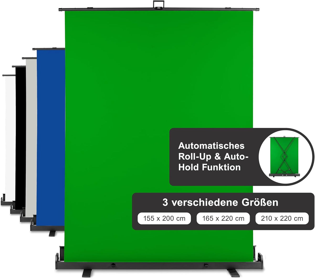 Walimex Pro Roll-Up Panel 165x220 cm green screen met standaard I draagbare, vrijstaande fotoachtergrond voor fotostudio, videochat & streaming I chromakey effect I metalen box voor stabiliteit