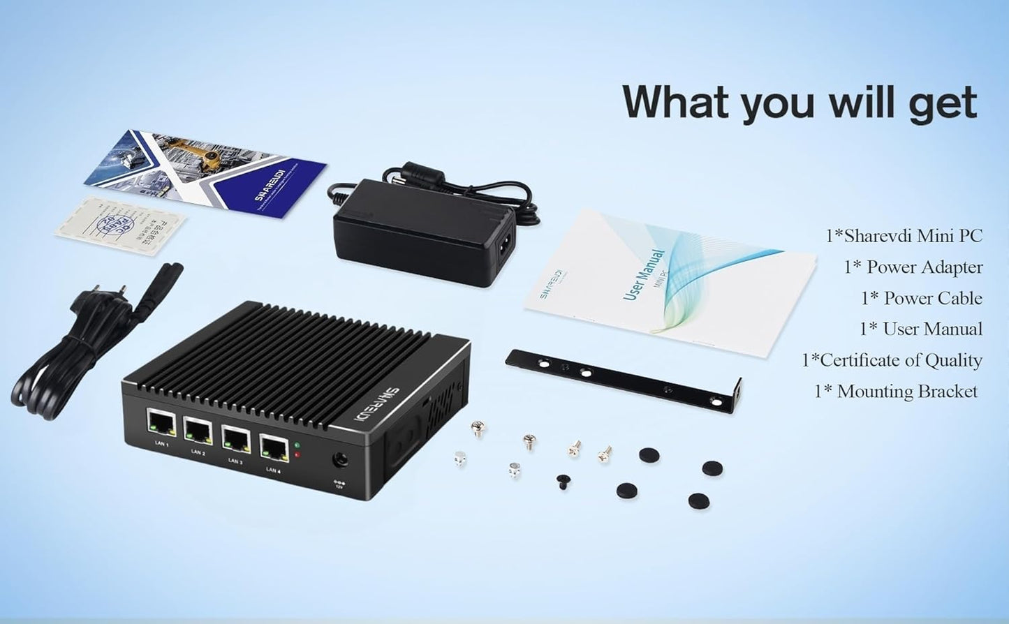Fanless Mini PC Intel N3700 Quad Core, Firewall Micro Appliance, 4 Intel 2.5GbE i225 Gigabit NIC Port Mini-Desktop Computer, AES-NI, USB3.0/HDMI/VGA, 8G DDR3 128GB SSD. - QUORE