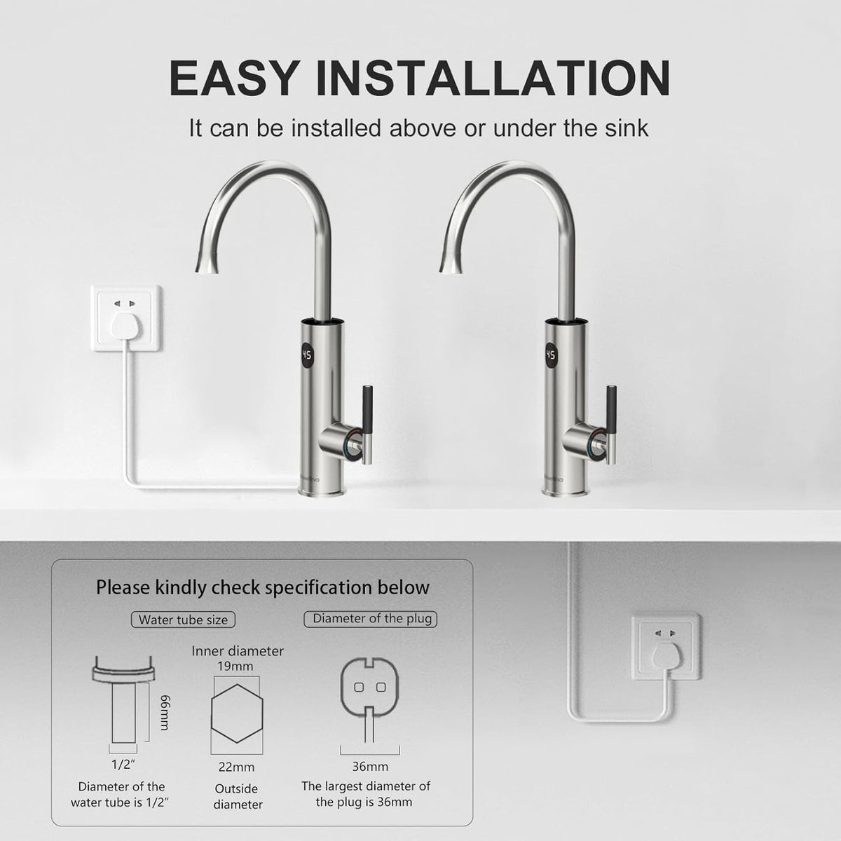Elektrische waterkraan, 220 V, waterkraan met doorstroomboiler, 360 graden roteren en digitaal display, warmwaterkraan met universele sproeikop (zilver)
