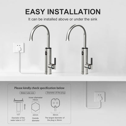 Elektrische waterkraan, 220 V, waterkraan met doorstroomboiler, 360 graden roteren en digitaal display, warmwaterkraan met universele sproeikop (zilver)