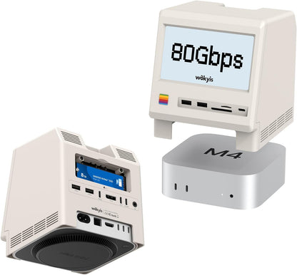 M5 Retro Dock Station voor Mac mini M4 Pro, 80Gbps M.2 NVMe SSD-behuizing met koelventilator, compatibel voor Thunderbolt 5/4/3/USB 4, 5'inch HD-scherm, SD/Micro SD Reader 4.0, 8K @60Hz